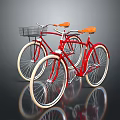 Two Red Bicycles With Orange Seats And Front Baskets On Reflective Surface