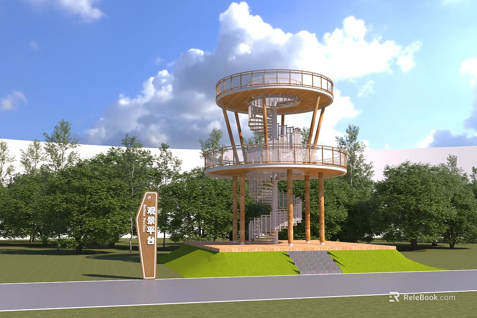 Scenic Wooden Spiral Staircase Observation Tower With Green Trees And Lawn 3d model 