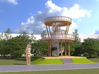 Scenic Wooden Spiral Staircase Observation Tower With Green Trees And Lawn 3d model