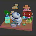 3D Model Scene With White Cartoon Cat And Laptop Near Coffee Machine And Cups