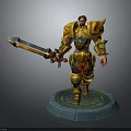 Golden Armored Warrior Holding Giant Sword on Blue Pedestal with Green Patterns