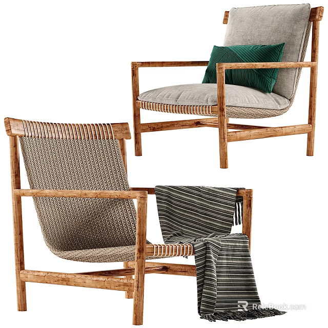 Comfortable Wooden Accent Chairs With Woven Seat Green Cushion And Striped Blanket 3d model 