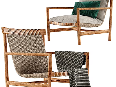 Comfortable Wooden Accent Chairs With Woven Seat Green Cushion And Striped Blanket 3d model