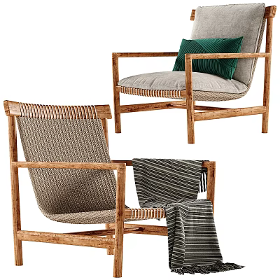 Comfortable Wooden Accent Chairs With Woven Seat Green Cushion And Striped Blanket 3d model