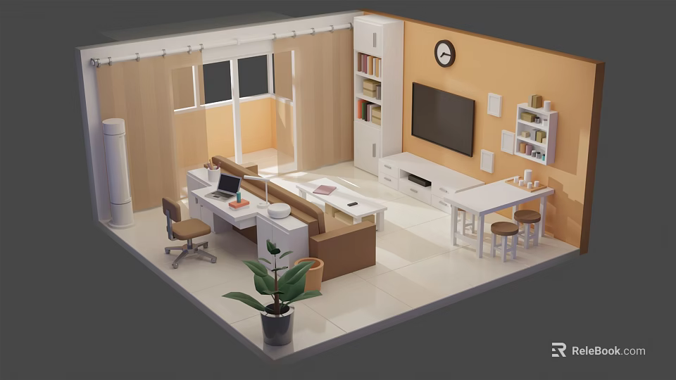 Cartoon Room Scene with Desk Computer Sofa TV Bookshelf Clock and Potted Plant 3d model 