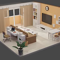 Cartoon Room Scene with Desk Computer Sofa TV Bookshelf Clock and Potted Plant