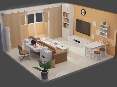 Cartoon Room Scene with Desk Computer Sofa TV Bookshelf Clock and Potted Plant 3d model