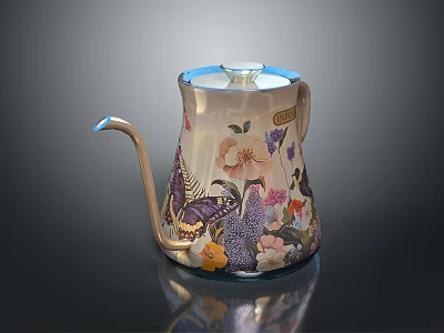 Colorful Floral And Butterfly Patterned Kettle With Glossy Surface And Curved Spout 3d model