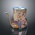 Colorful Floral And Butterfly Patterned Kettle With Glossy Surface And Curved Spout