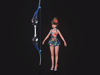 Anime Style Game Movie Character In Floral Dress With Blue Bow 3d model