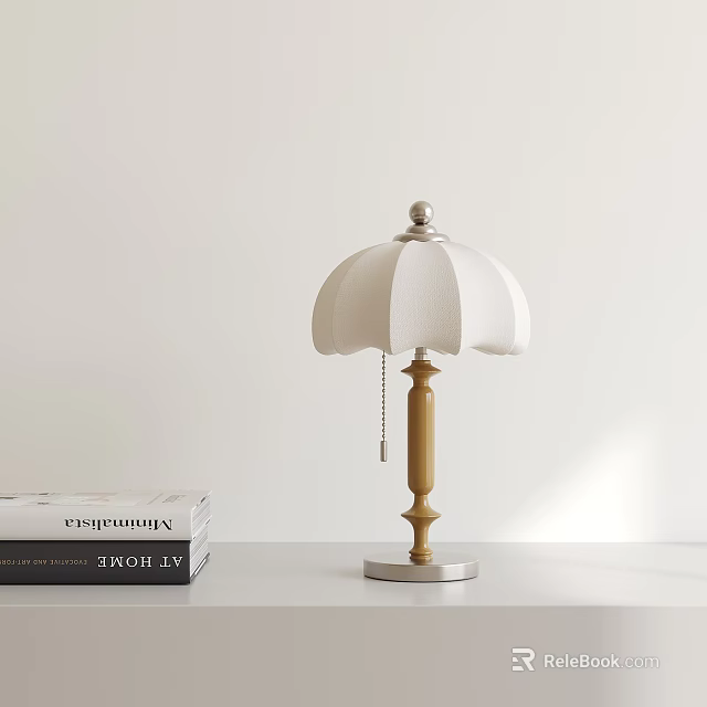Modern Table Lamp With White Lampshade Wooden Stand Silver Base And Stacked Books 3d model 