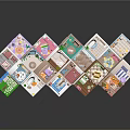 Cartoon Scenes of Colorful Hexagonal Houses with Miniature Rooms Including Bedroom and Living Room