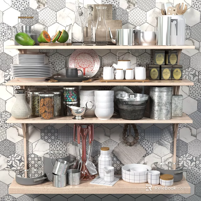Stylish Kitchen Shelves Displaying Kitchenware Plates Bowls Jars Fresh Fruits And Geometric Backsplash 3d model 