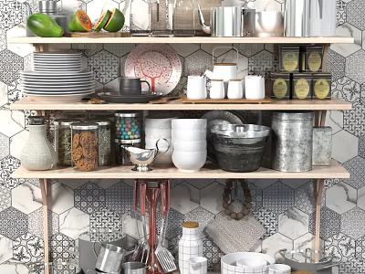 Stylish Kitchen Shelves Displaying Kitchenware Plates Bowls Jars Fresh Fruits And Geometric Backsplash 3d model