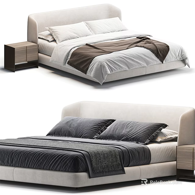 Modern Double Bed With Brown And White Bedspread Two Pillows And Bedside Table 3d model 