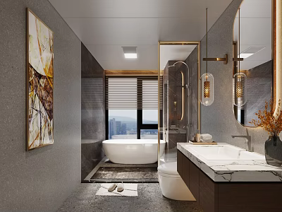 Elegant Modern Bathroom Interior With Marble Countertop Bathtub Mirror And City View 3d model