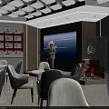 Modern Conference Room Interior With Round Tables Chairs Large Screen And Display Board