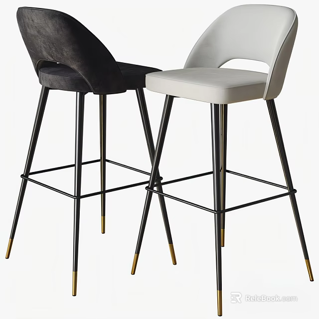Modern Black And White Upholstered Bar Stools With Metal Legs And Golden Tips 3d model 