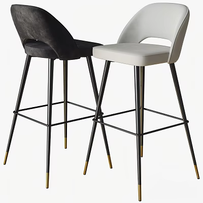 Modern Black And White Upholstered Bar Stools With Metal Legs And Golden Tips 3d model