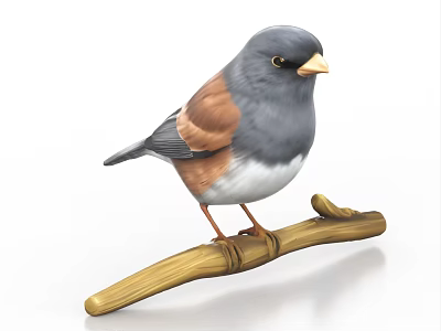 Small Gray Brown And White Bird Perched On A Wooden Branch Against White Background 3d model