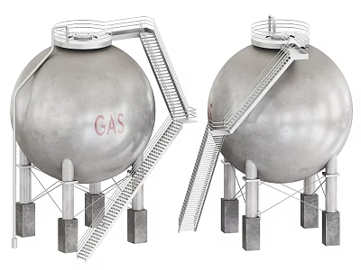 Industrial Gas Storage Tanks Spherical Silver Design With Metal Ladders And Support Structures 3d model