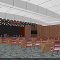 Conference Room Interior With Red Chairs Tables Overhead Lighting Shining On Stage And Screen