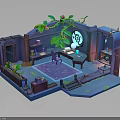 Blue Enchanted Interior With Green Vines Books Glowing Orb Desk And Purple Rug