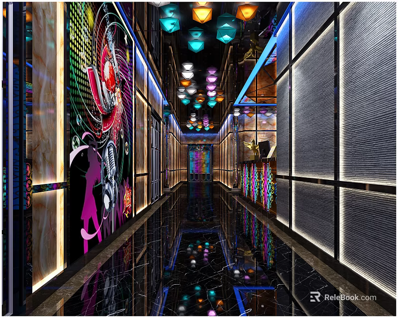 KTV Modern Interior Design With Colorful Pendant Lights Shiny Floor And Wall Decorations 3d model 