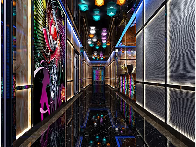 KTV Modern Interior Design With Colorful Pendant Lights Shiny Floor And Wall Decorations 3d model