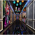 KTV Modern Interior Design With Colorful Pendant Lights Shiny Floor And Wall Decorations