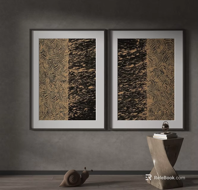 Abstract Painting Two Pieces With White Frames Black Gold Patterns Hanging On Gray Wall 3d model