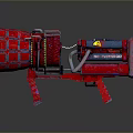 Red Mechanical Weapon with Horn Shaped Front Metal Chains and Stand Base