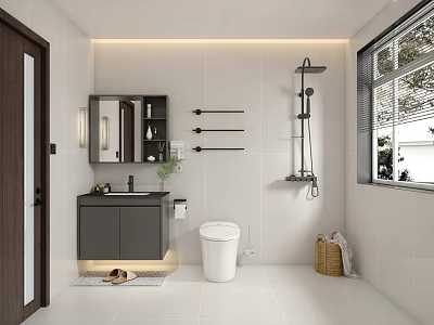 Modern Bathroom Interior with White Tiles Dark Vanity Mirror White Toilet Black Showerhead and Window 3d model