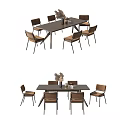 Modern Rectangular Dining Table Set with Six Chairs and Decorative Plant Vase 3d model