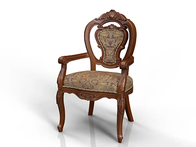 Classic Carved Wooden Armchair with Patterned Upholstered Seat and Backrest 3d model