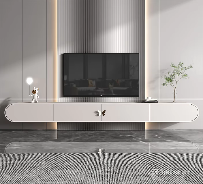 Modern White TV Stand In Living Room With Striped Wall And Decorative Items 3d model 