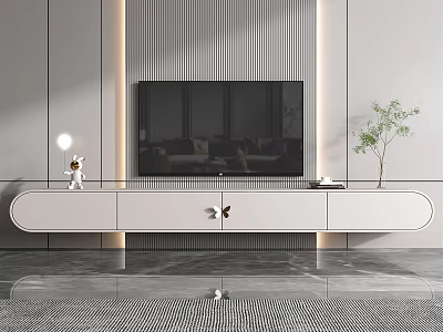 Modern White TV Stand In Living Room With Striped Wall And Decorative Items 3d model