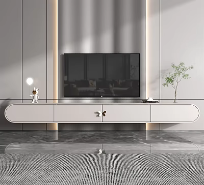 Modern White TV Stand In Living Room With Striped Wall And Decorative Items 3d model