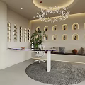 Modern Beauty Salon Interior With Curved Walls Green Plants Round Counter Display Shelves And Chandelier