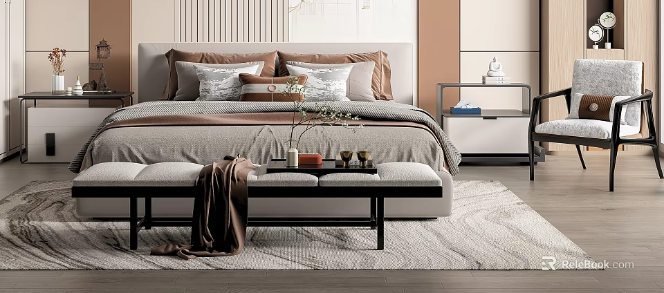 Elegant Double Bed With Decorative Pillows Bench Vase And Vertical Striped Wall 3d model