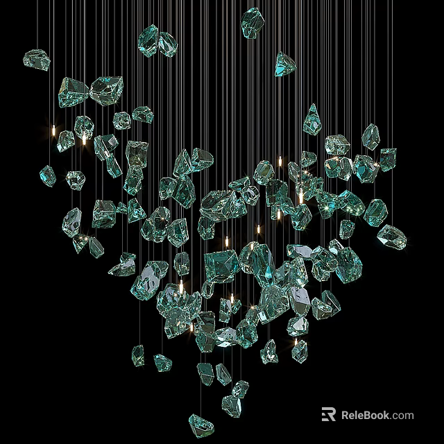Stunning Green Irregular Crystal Chandelier With Illuminated Pendants On Black Background 3d model 