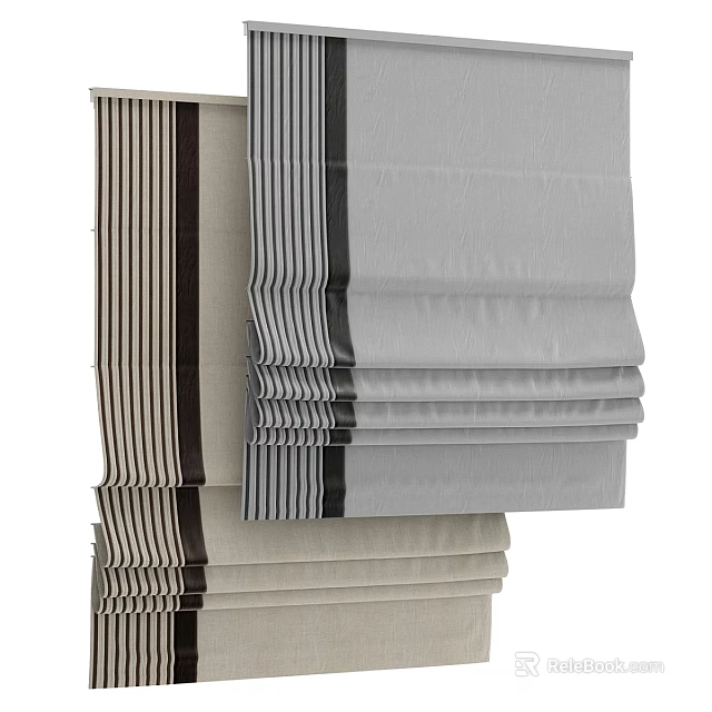 Striped And Neutral Toned Curtains With Folded Design For Home Decor 3d model 