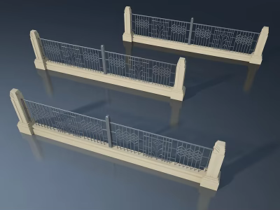 Three Off White Carved Side Hung Doors With Black Iron Railings 3d model