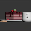 Strawberry Cake with Red Frosting and Strawberries on White Plate with Red Drink and Cookie