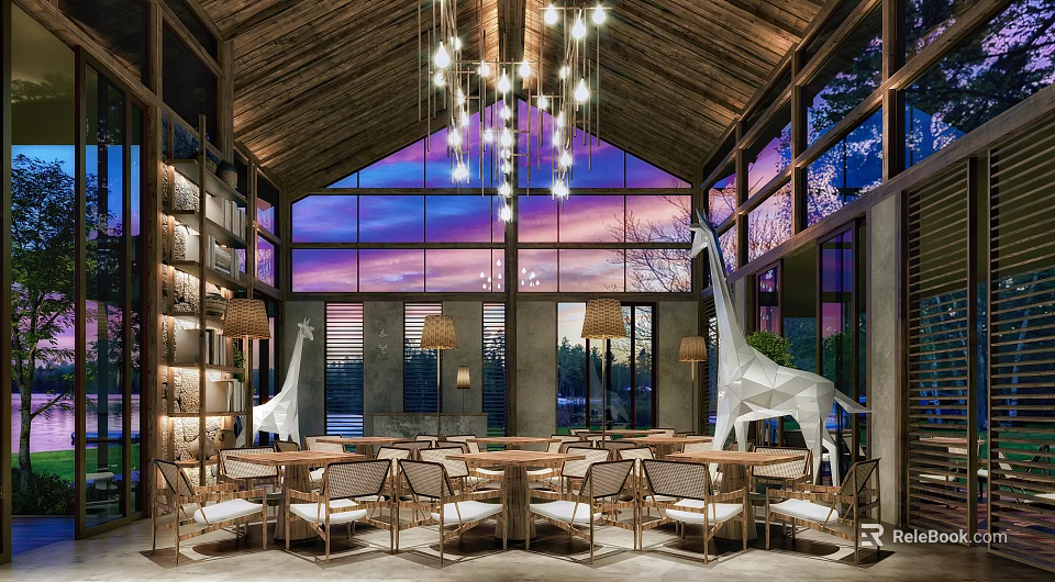 Hotel Lobby With Wooden Ceiling Chandeliers Large Windows And Giraffe Sculptures 3d model 