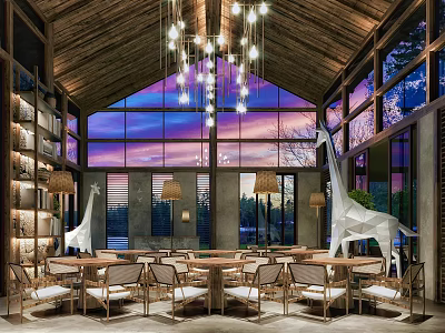 Hotel Lobby With Wooden Ceiling Chandeliers Large Windows And Giraffe Sculptures 3d model