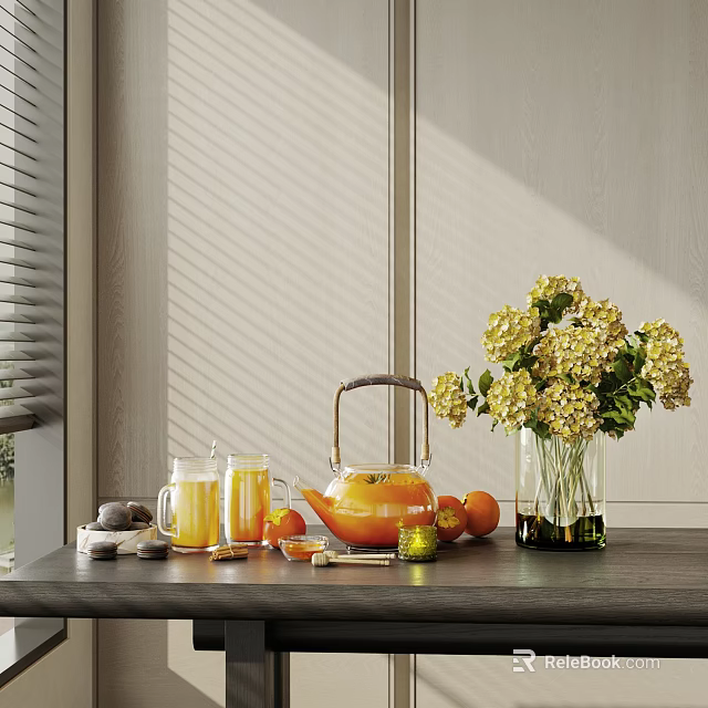 Stylish Teapot And Glass Cups With Fresh Fruits Yellow Flowers On Table By Window Blinds 3d model 