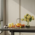 Stylish Teapot And Glass Cups With Fresh Fruits Yellow Flowers On Table By Window Blinds