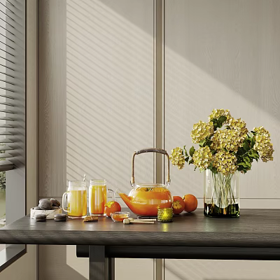 Stylish Teapot And Glass Cups With Fresh Fruits Yellow Flowers On Table By Window Blinds 3d model