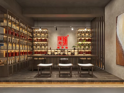 Traditional Specialty Store Interior With Displayed Goods Wooden Shelves Central Counter Stools And Red Sign 3d model